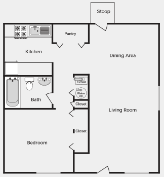 Floor plan for 1 bed, 1 bath, 678 sqft